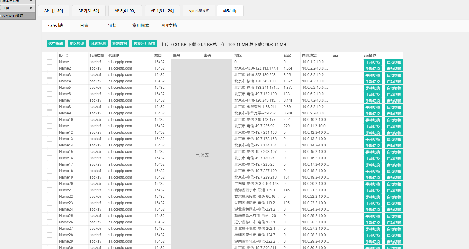 网络环境：全国各地的 IP 池，每台设备绑一条独立线路（账号密码已隐去）